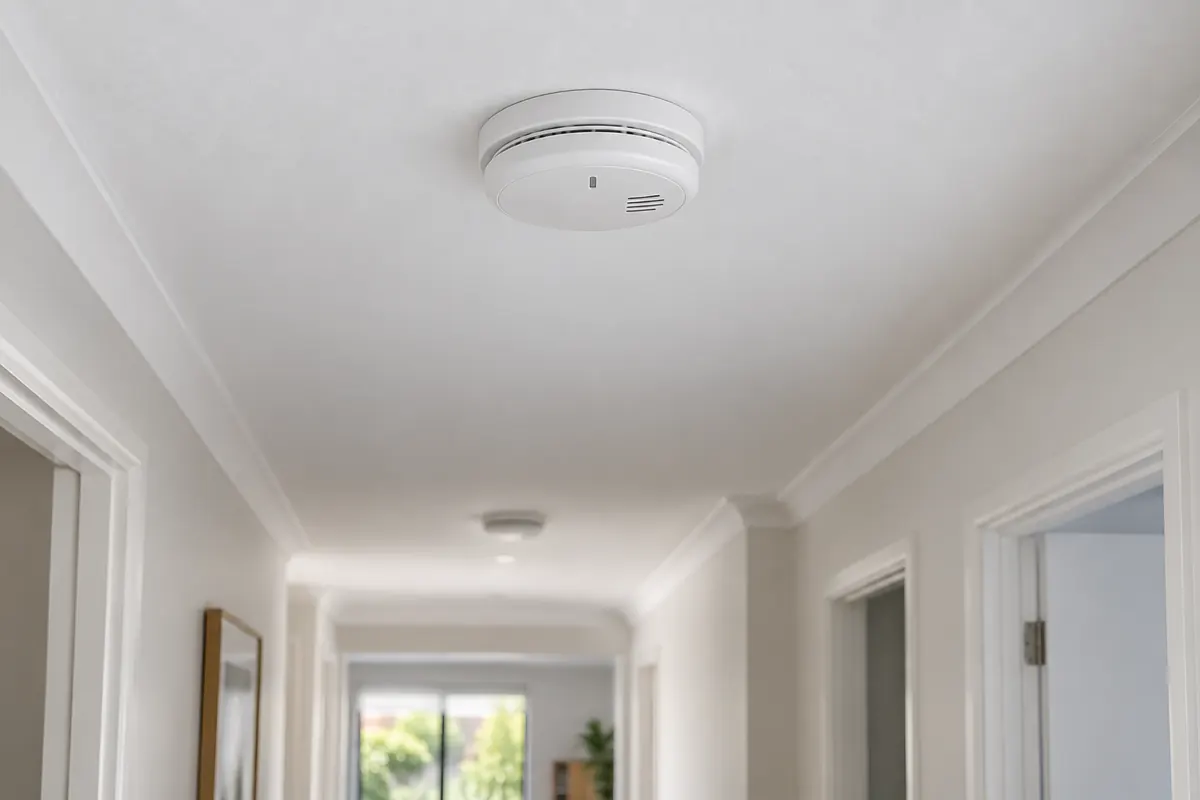 Photoelectric smoke alarm installed in a hallway ceiling