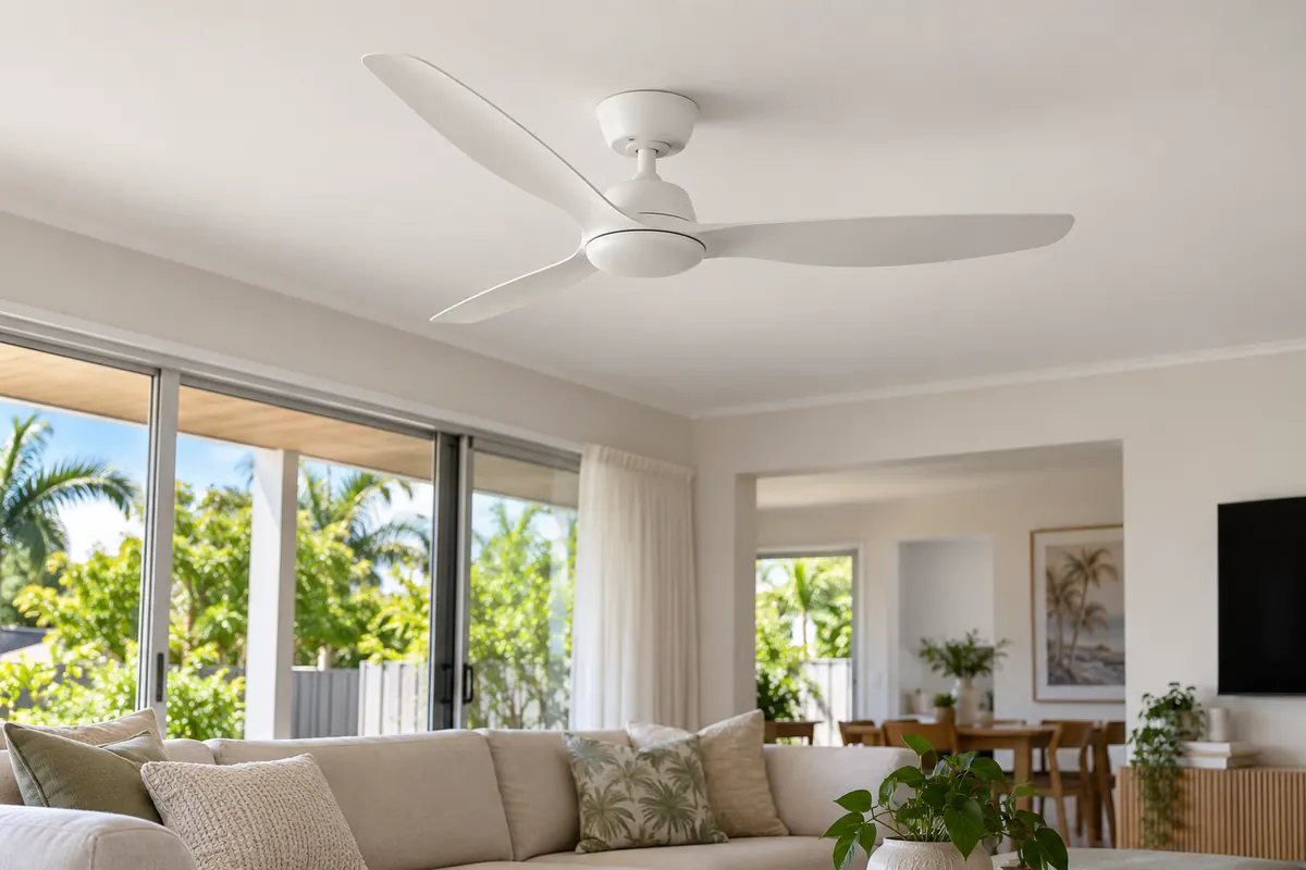 Ceiling fan installed in a bright open-plan living room