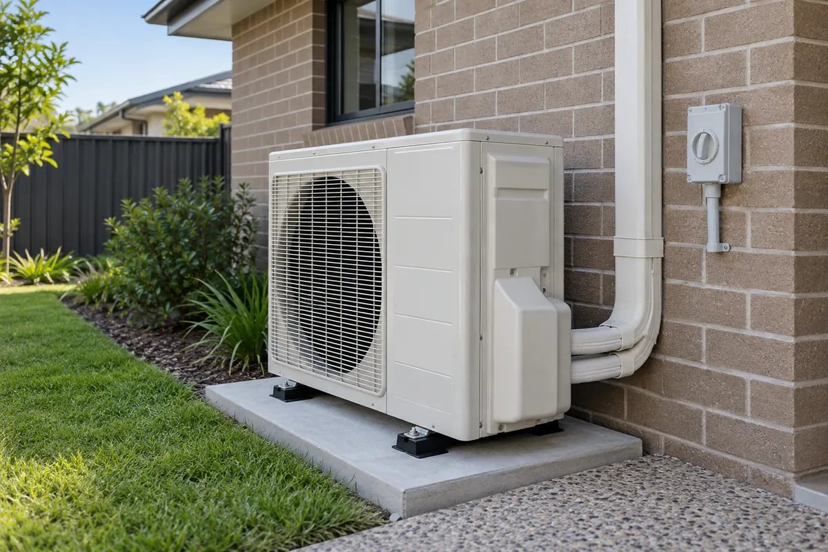 Split system air conditioner outdoor unit installed beside a brick home