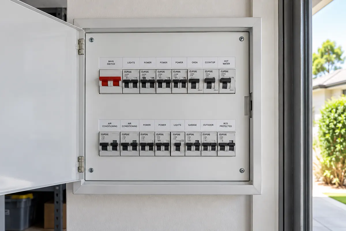 Modern switchboard with safety switches and labelled circuit breakers