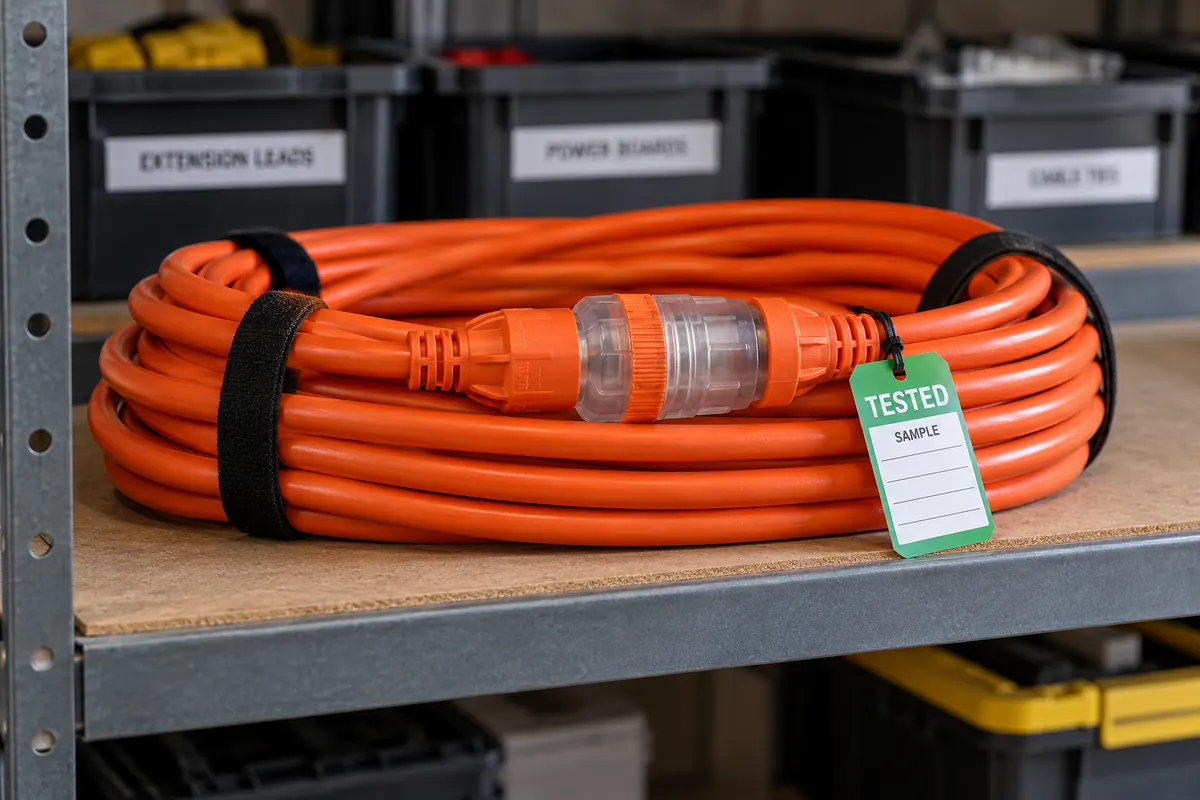Extension lead with a green tested tag on a workshop shelf