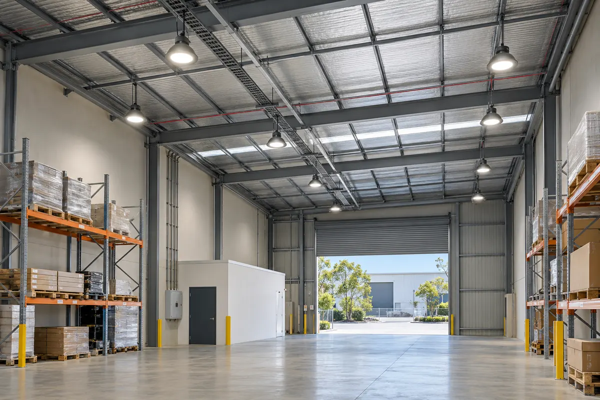Warehouse with LED high-bay lighting installed